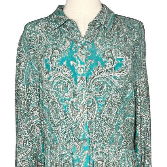 Soft Surroundings Aqua Scroll Design Button Up Dress Adair Dress Size L… - Picture 8 of 14
